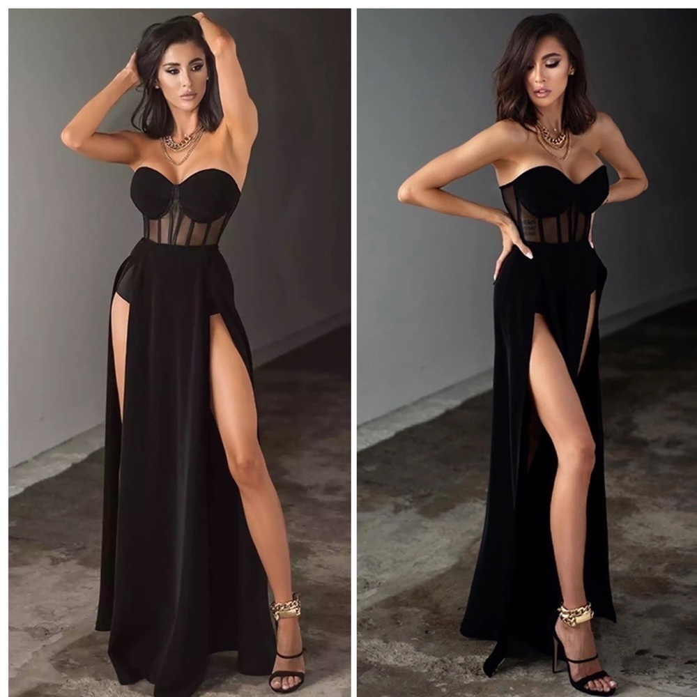 Black Strapless Corset Maxi Dress Sheer Mesh High Slit Evening Gown S